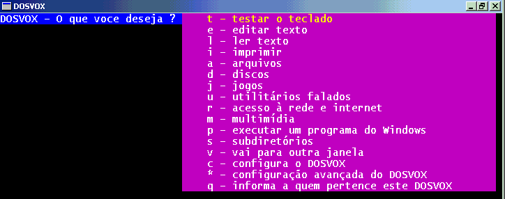 Menu do DOSVOX acionado pelas setas